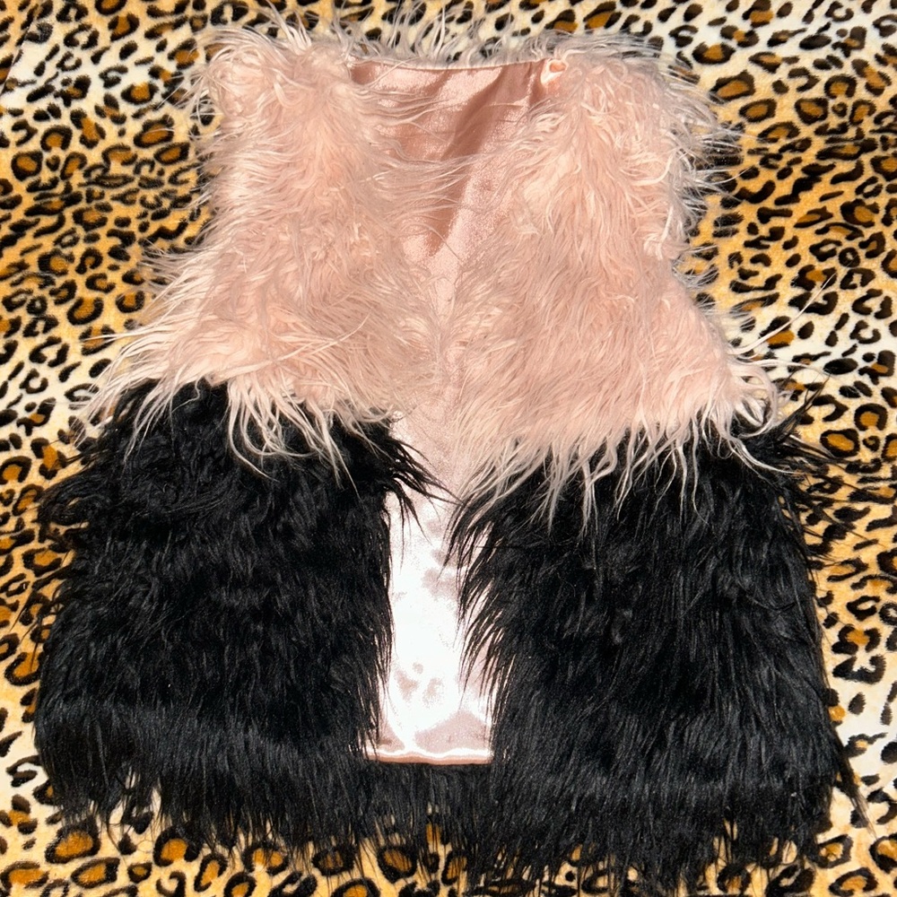 Light Pink And Black Faux Fur Vest with Pink Satin lining